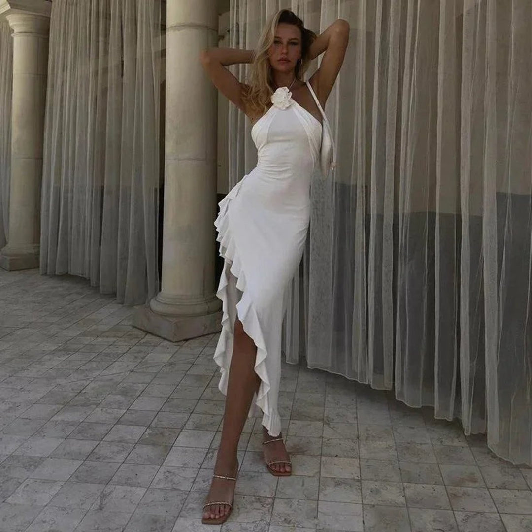 Women's Asymmetric Halter-Neck Ruffle Midi Party Dress