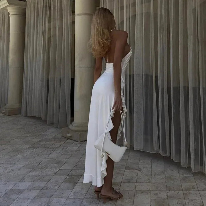 Women's Asymmetric Halter-Neck Ruffle Midi Party Dress