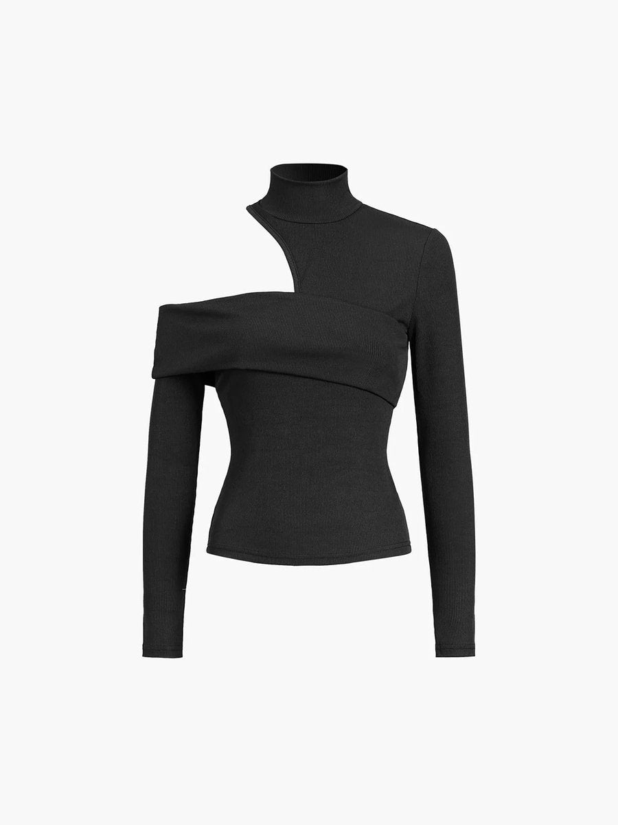 Women's Asymmetric Roll Neck Knitted Jumper Cut-Out Detail
