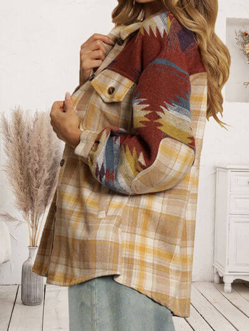 Women's Aztec Plaid Long Sleeve Vintage Blouse Shacket