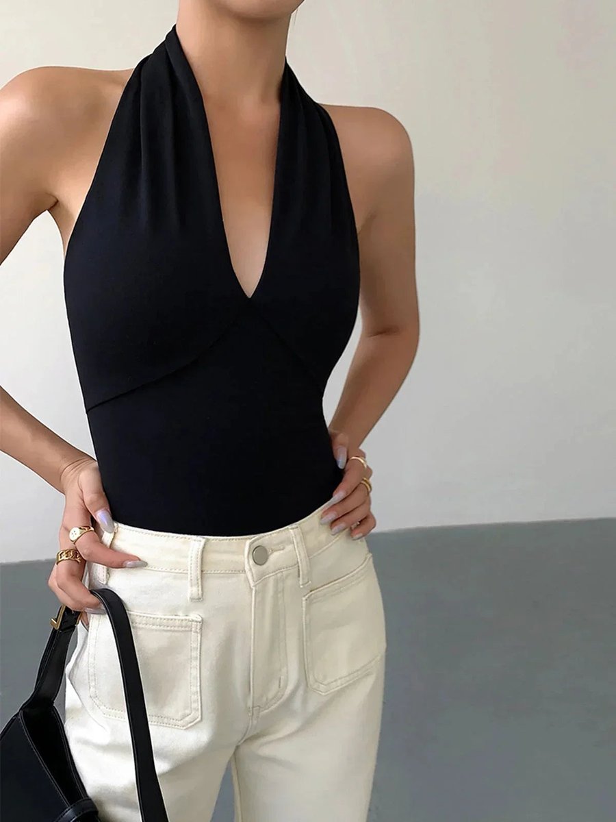 Women's Backless Halter V-Neck Crossover Sleeveless Knit Top