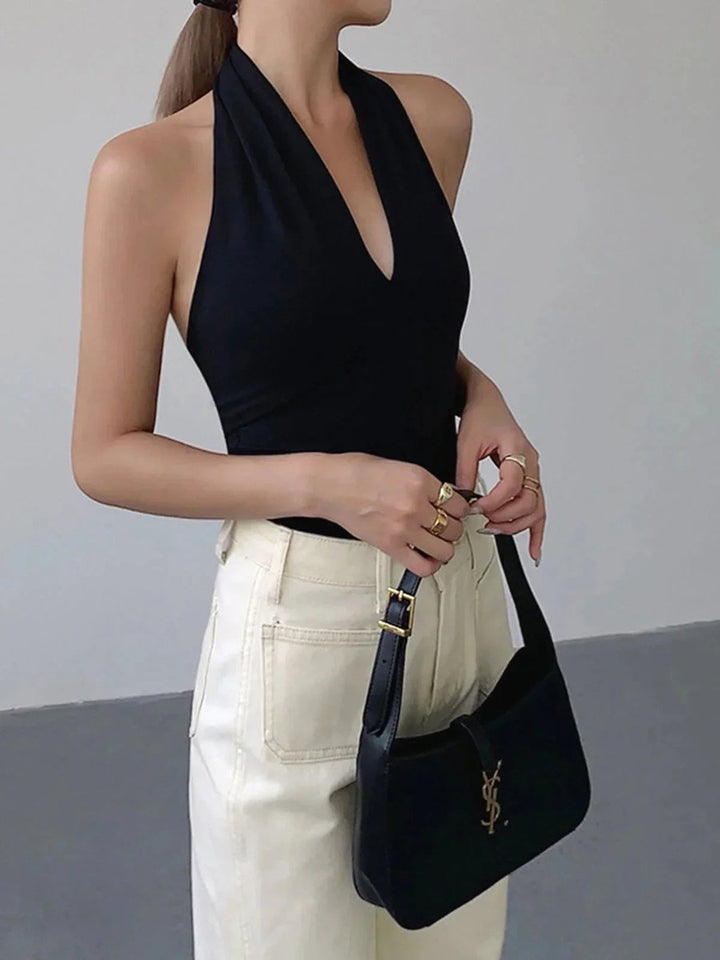 Women's Backless Halter V-Neck Crossover Sleeveless Knit Top