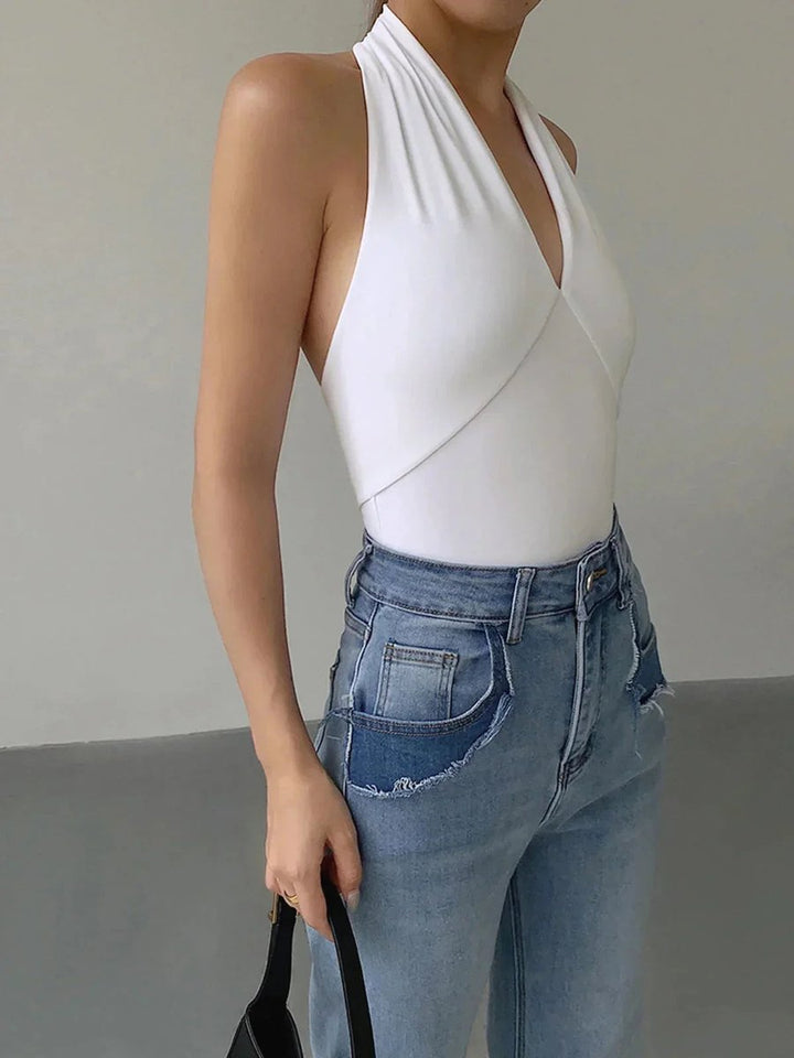 Women's Backless Halter V-Neck Crossover Sleeveless Knit Top