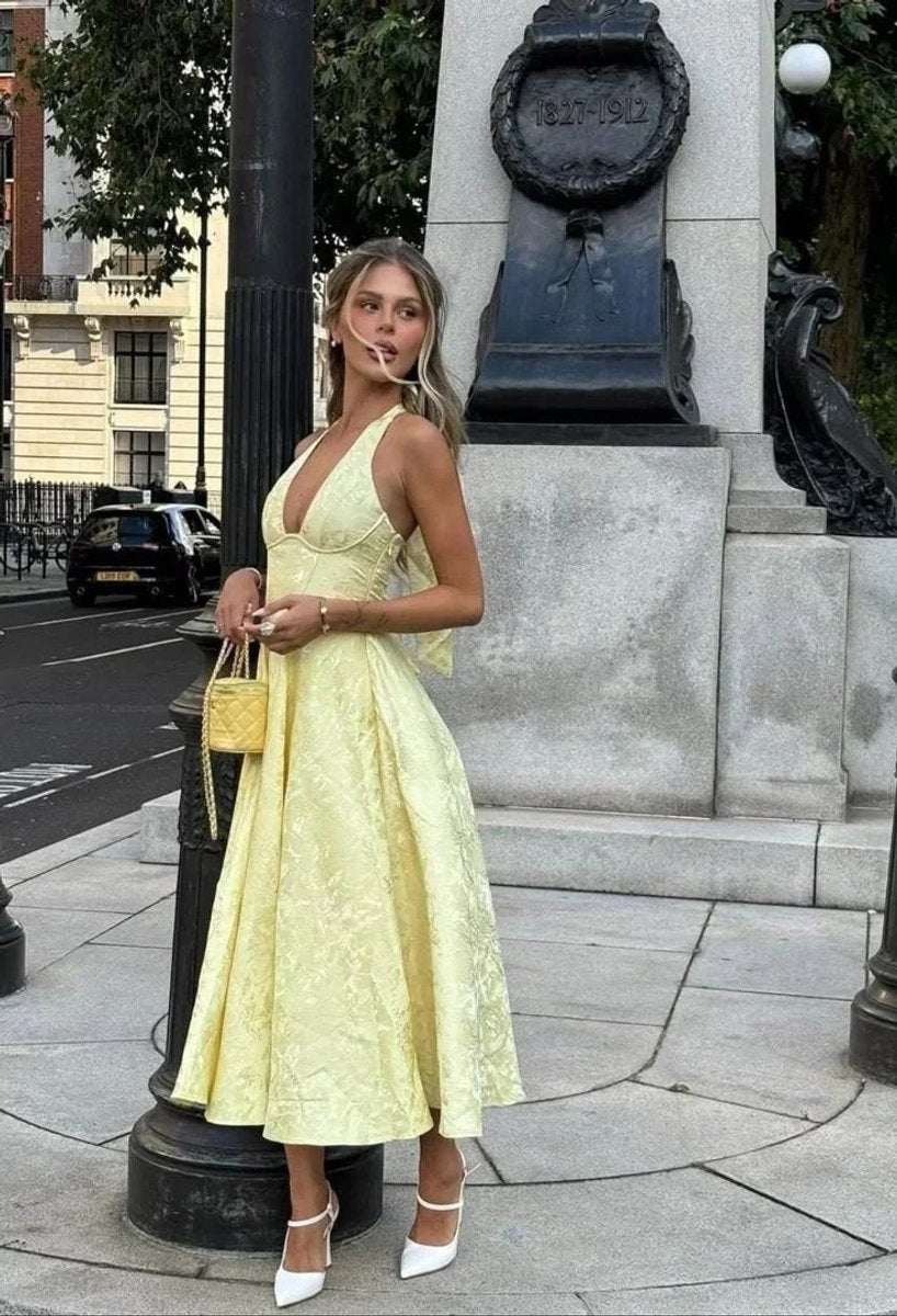 Women's Backless Pleated Midi Party Dress Elegant Evening Gown