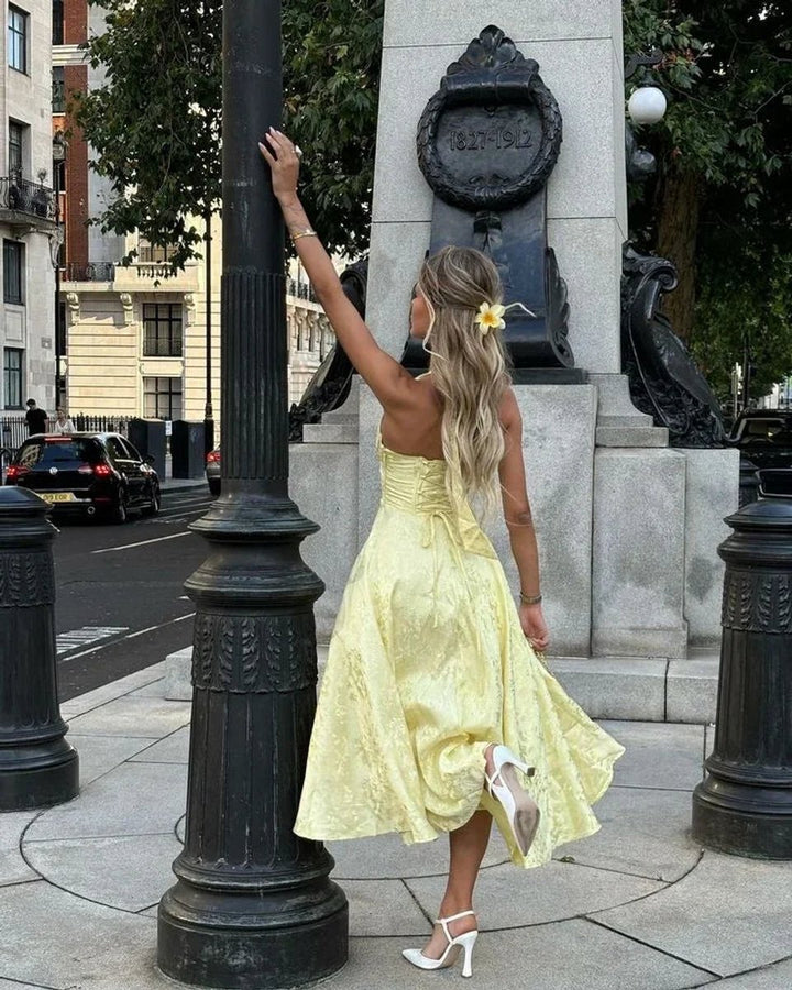 Women's Backless Pleated Midi Party Dress Elegant Evening Gown