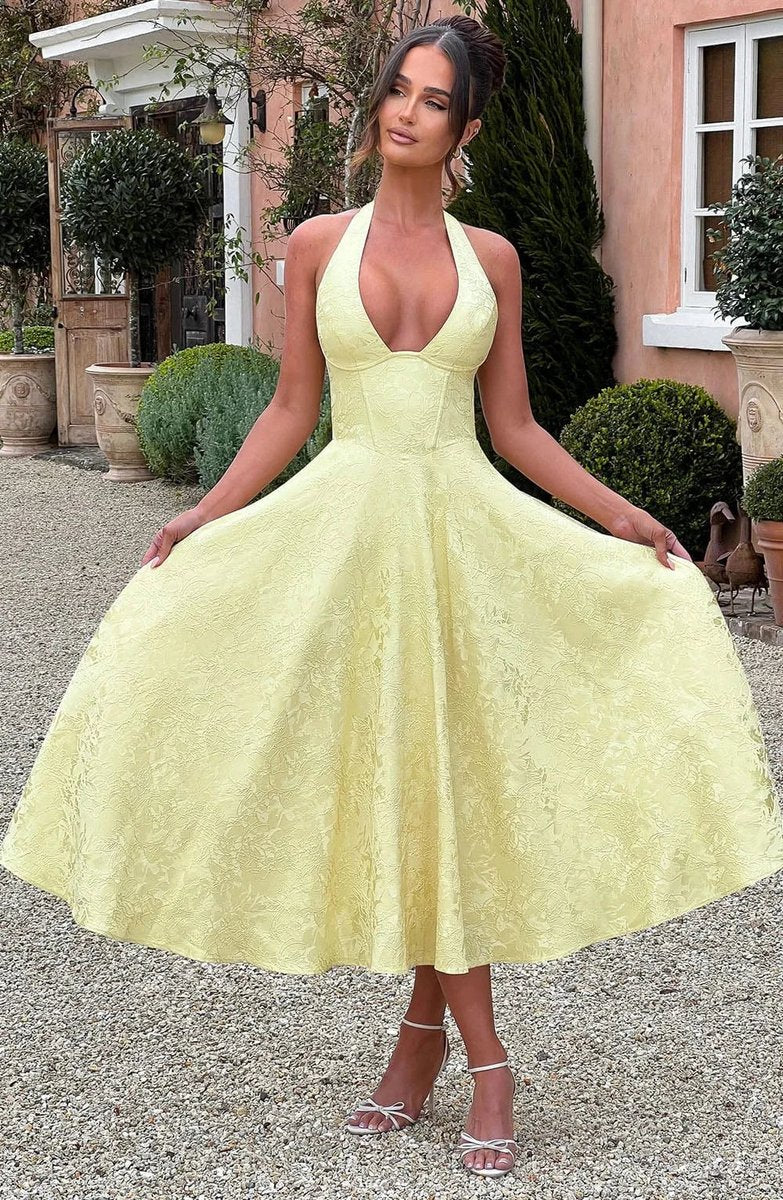 Women's Backless Pleated Midi Party Dress Elegant Evening Gown