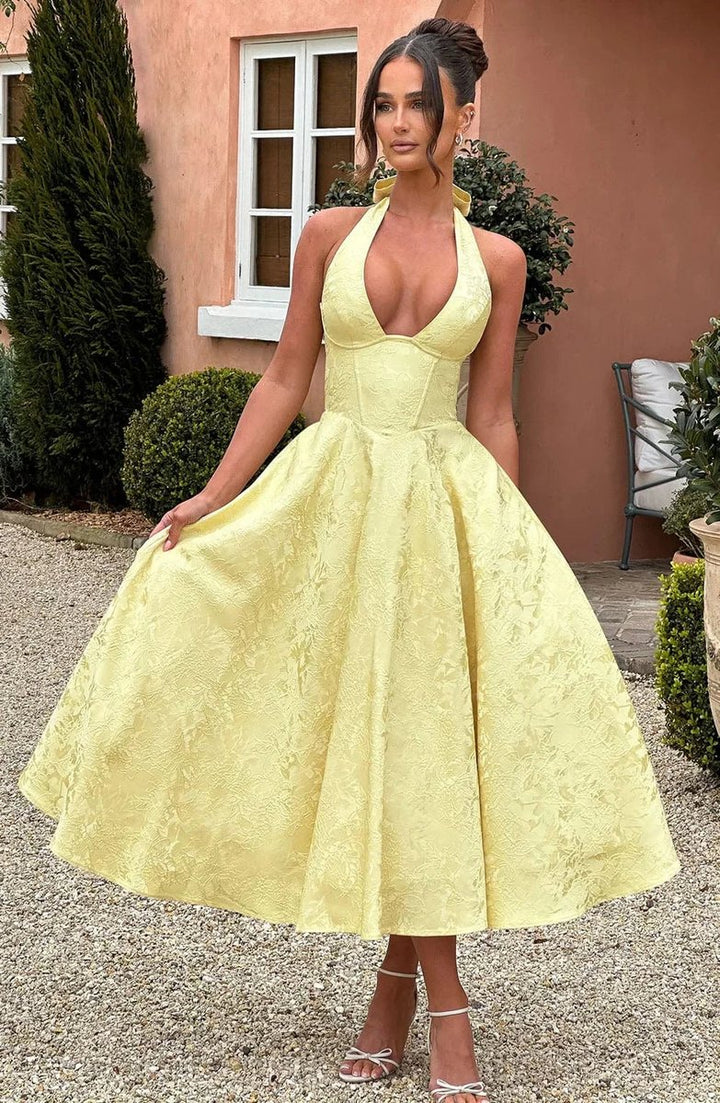 Women's Backless Pleated Midi Party Dress Elegant Evening Gown