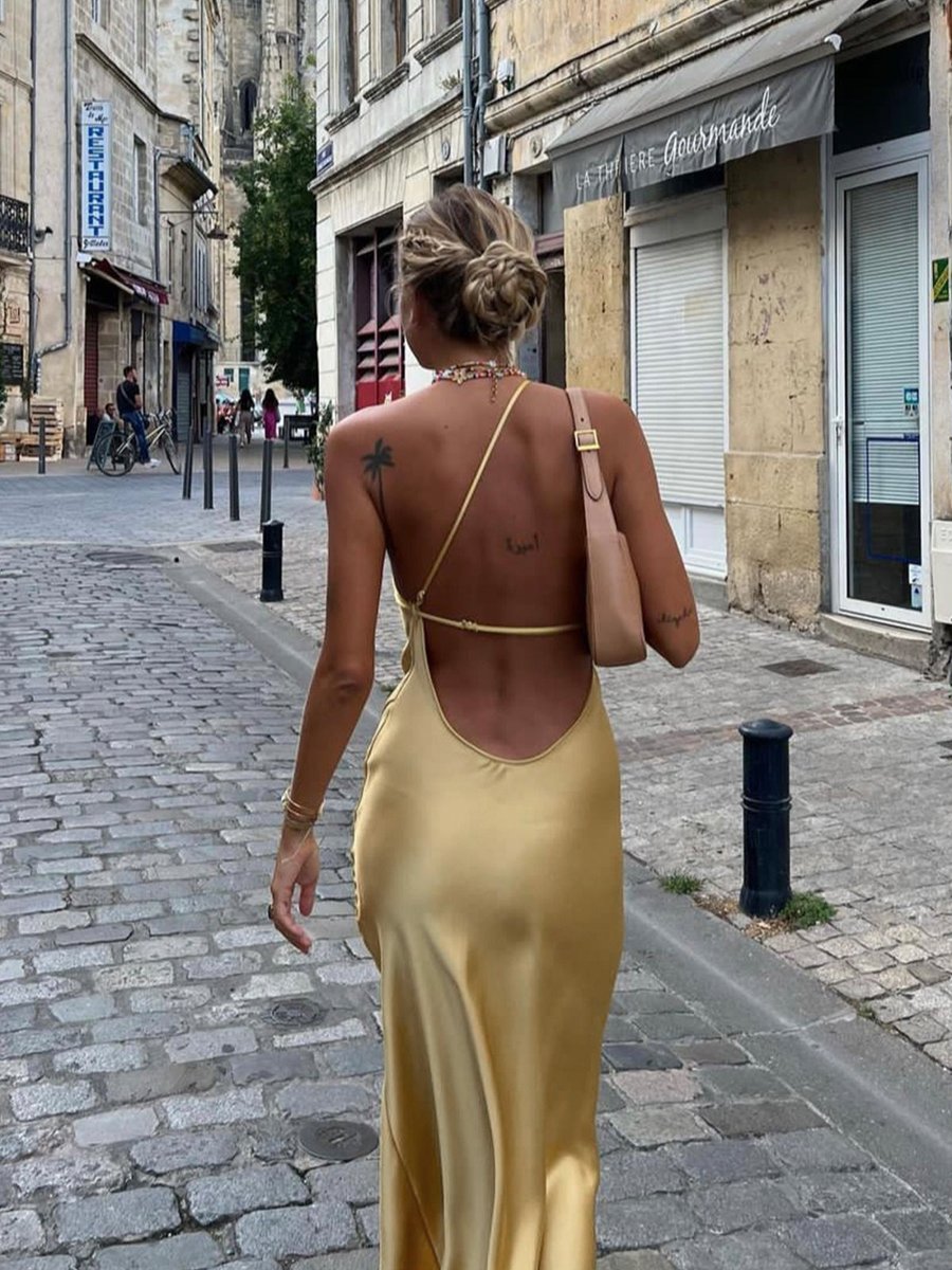 Women's Backless Satin Slip Midi Party Dress Open Back Slit