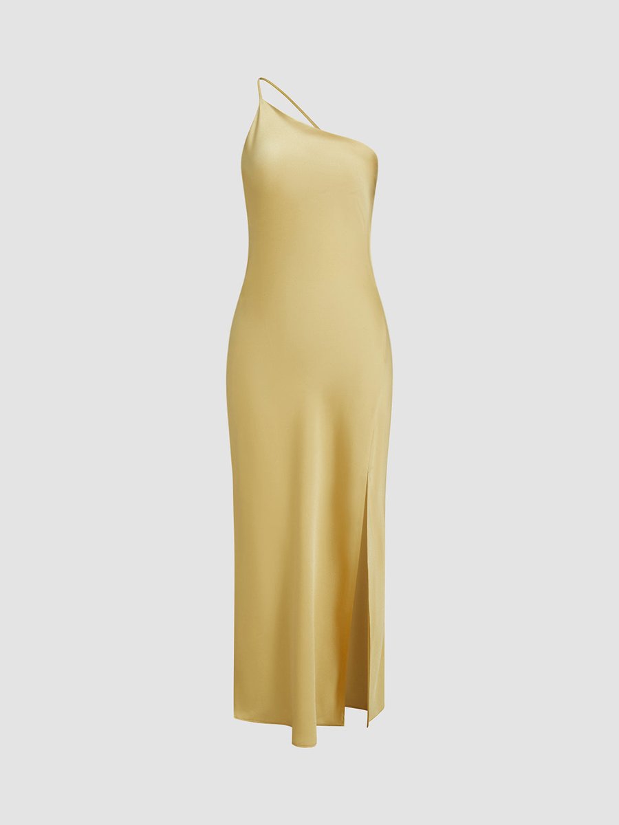 Women's Backless Satin Slip Midi Party Dress Open Back Slit