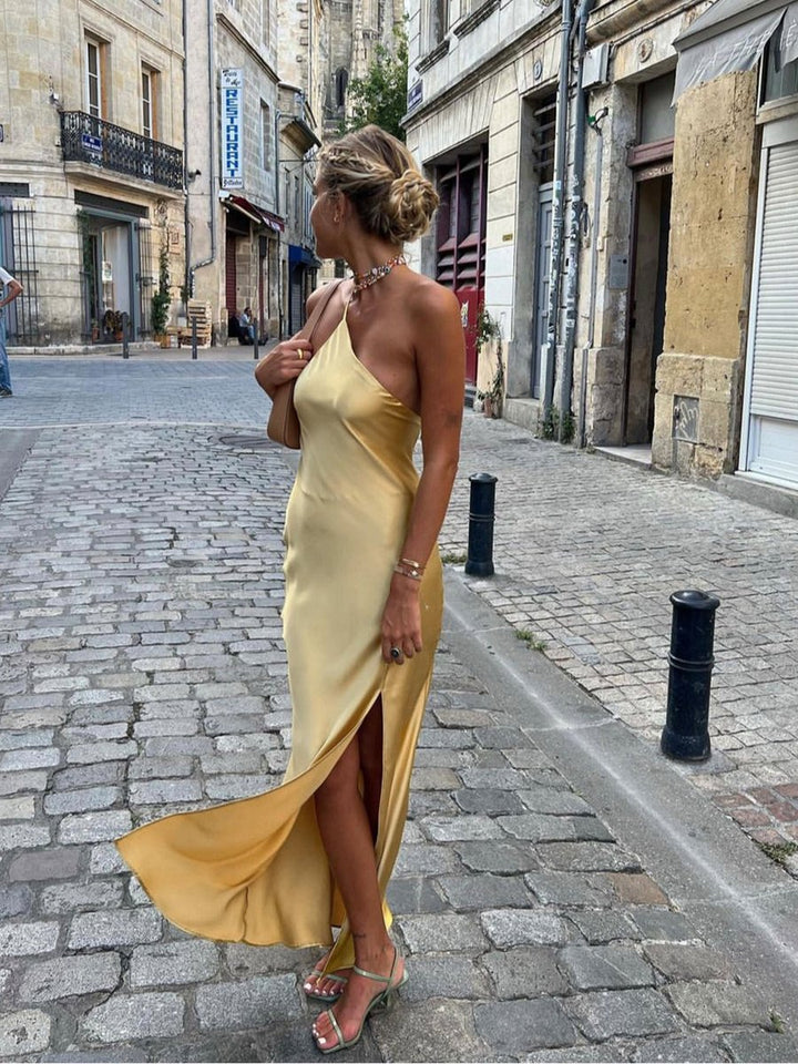 Women's Backless Satin Slip Midi Party Dress Open Back Slit