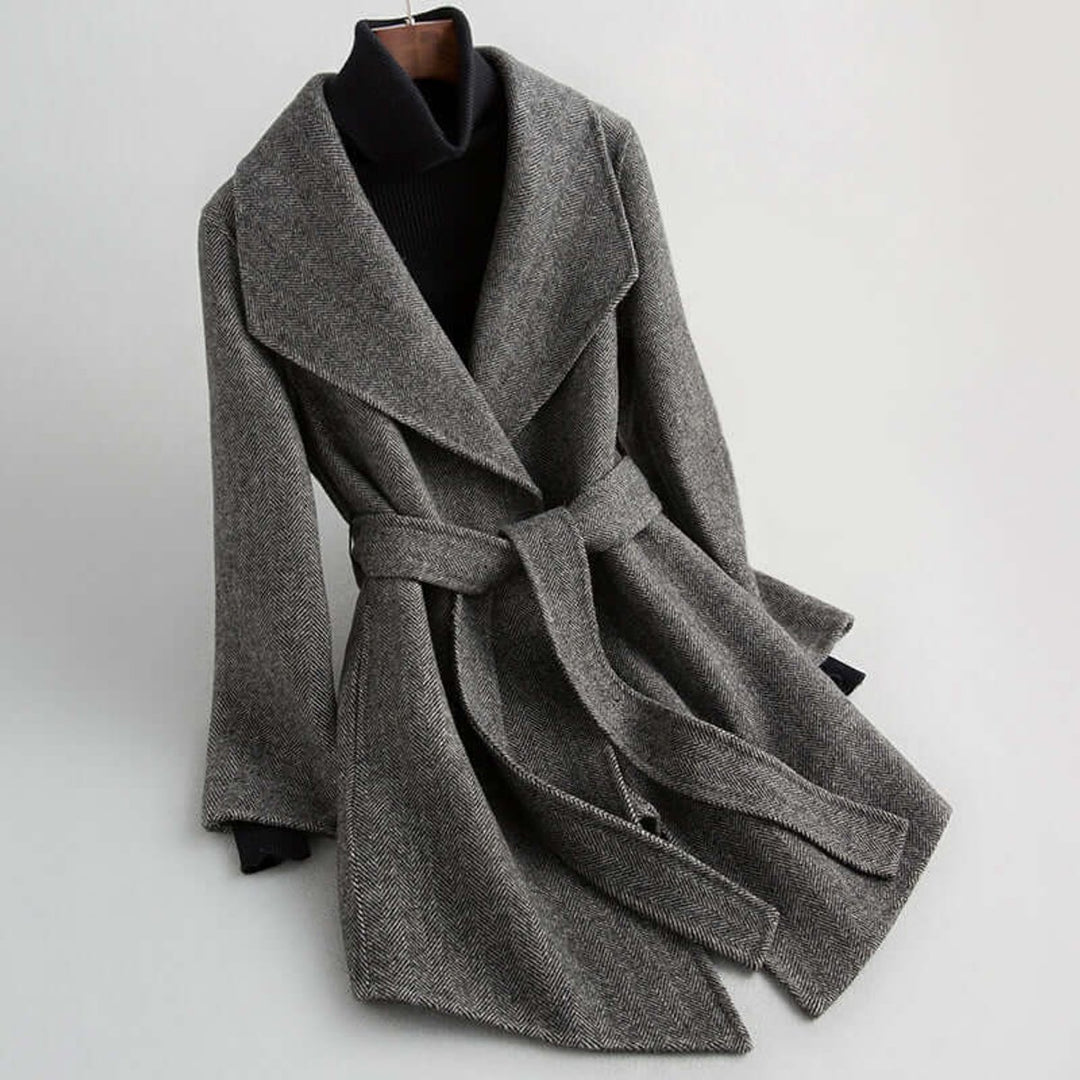 Women's Belted Herringbone Wool Coat Shawl Collar Wrap