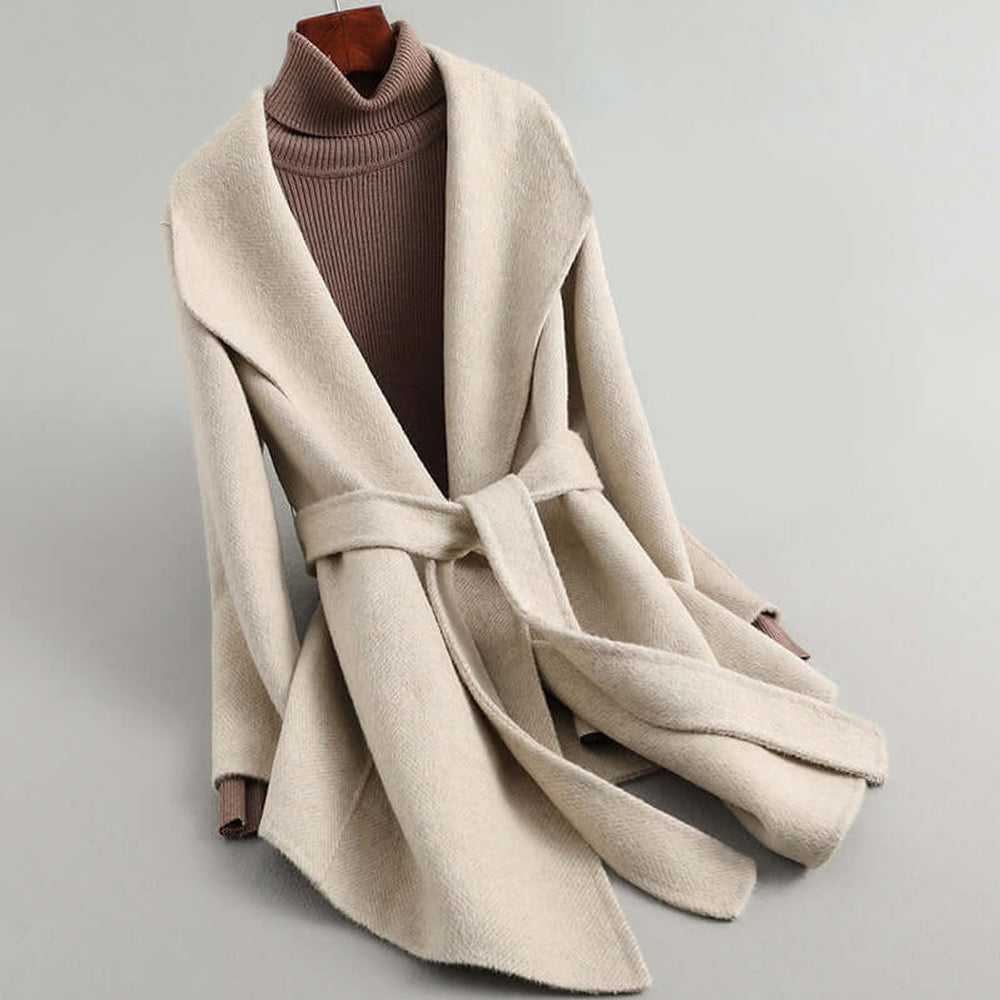Women's Belted Herringbone Wool Coat Shawl Collar Wrap