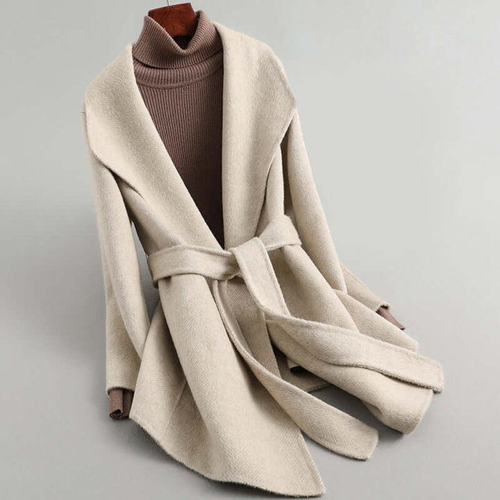 Women's Belted Herringbone Wool Coat Shawl Collar Wrap