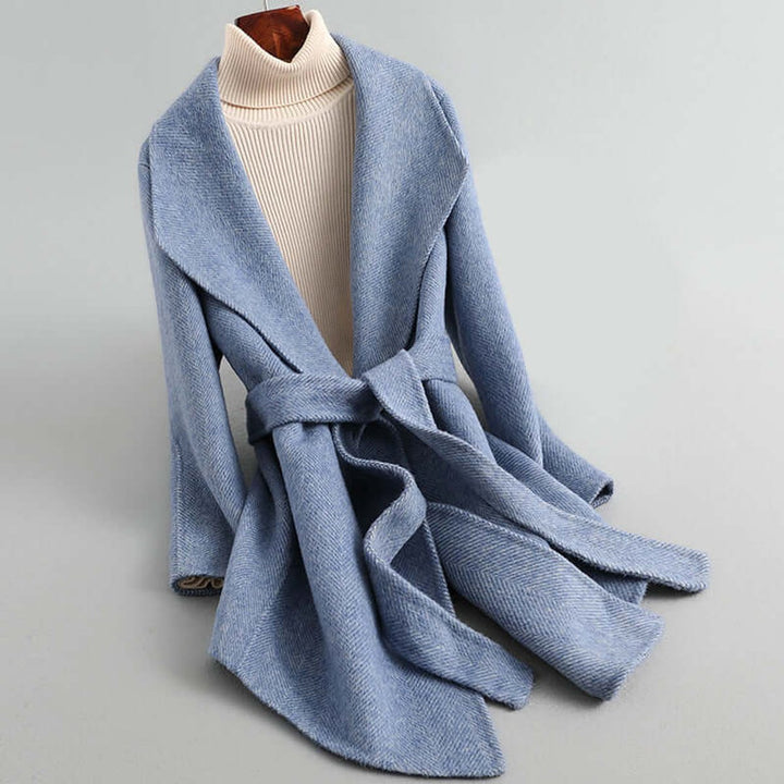Women's Belted Herringbone Wool Coat Shawl Collar Wrap