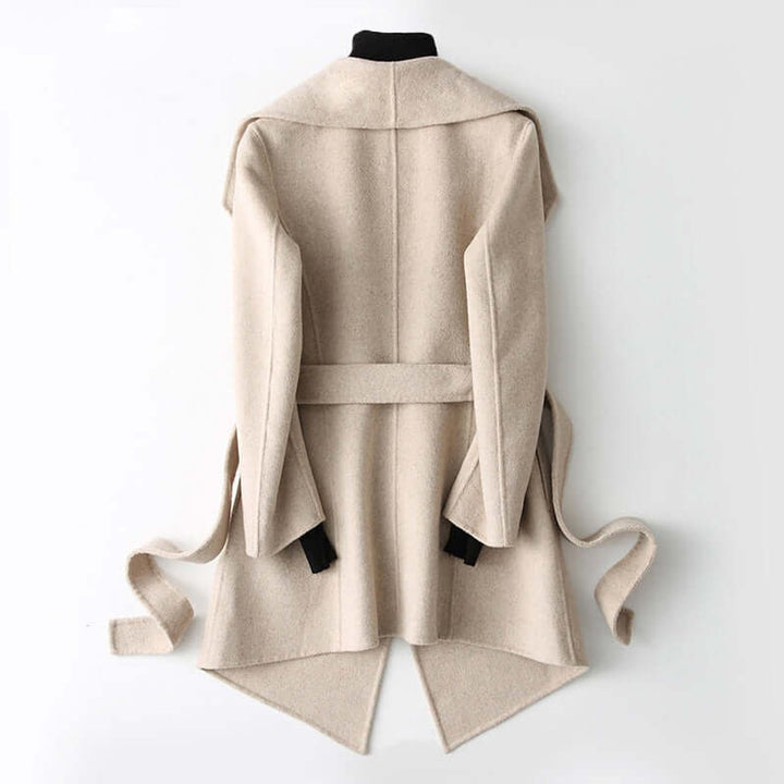 Women's Belted Herringbone Wool Coat Shawl Collar Wrap