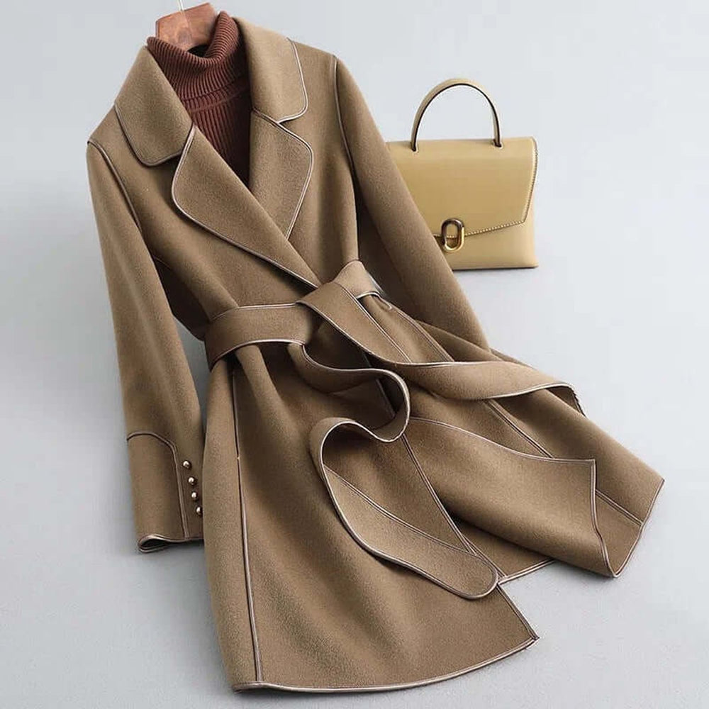 Women's Belted Long Wool Coat Wrap Trench Coat
