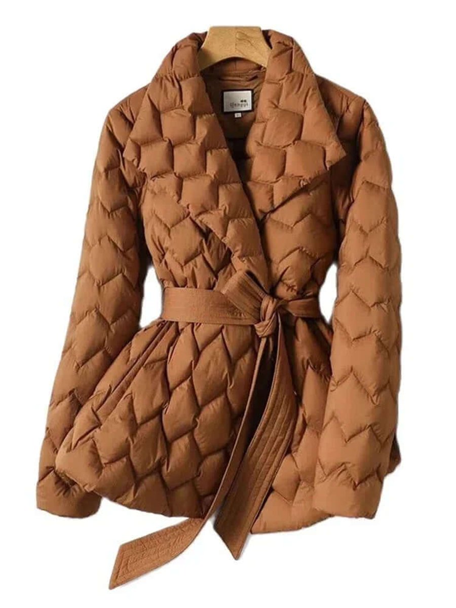 Women's Belted Mid-Length Diamond-Quilted Ladies Puffer Jacket
