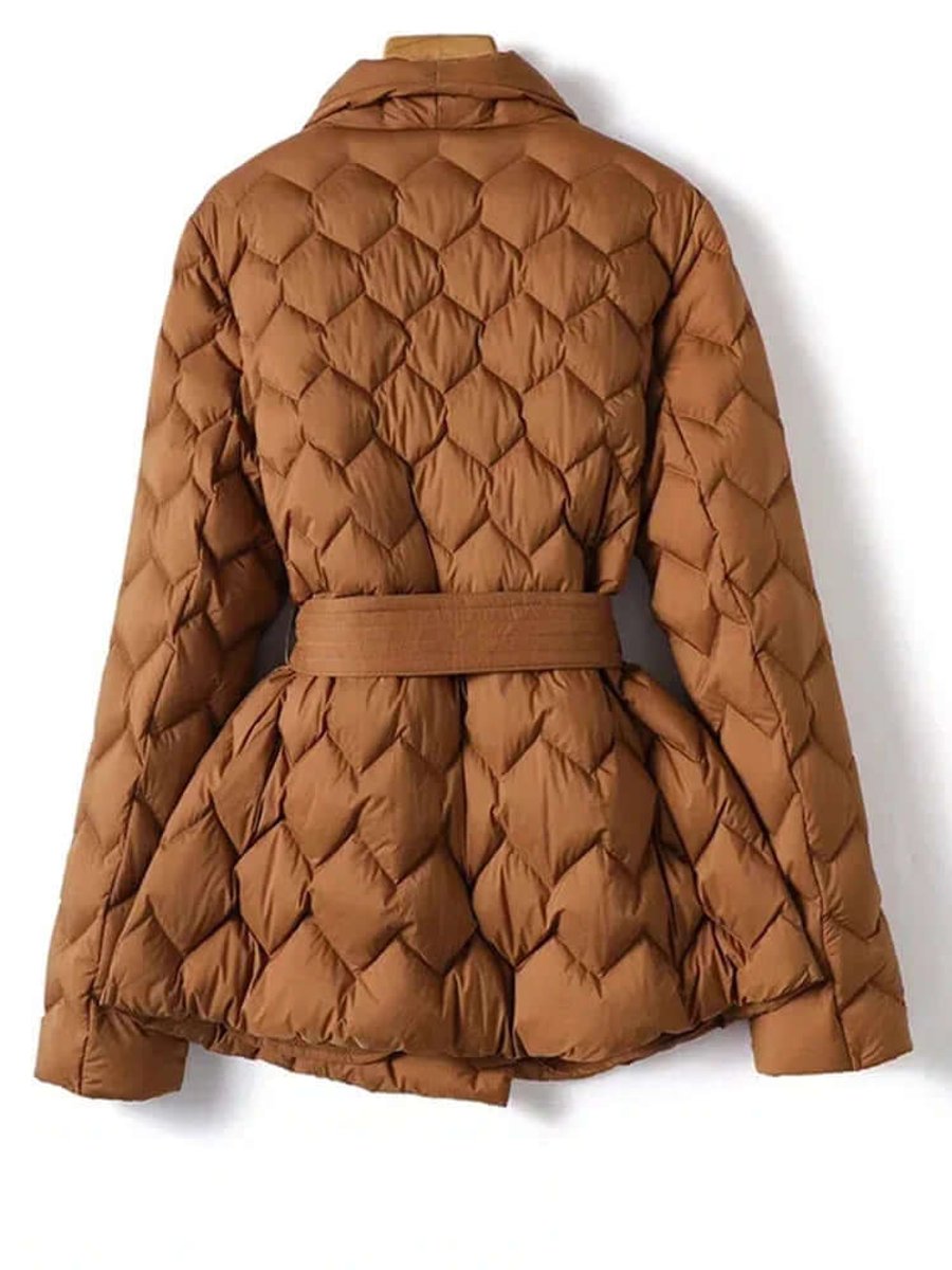 Women's Belted Mid-Length Diamond-Quilted Ladies Puffer Jacket