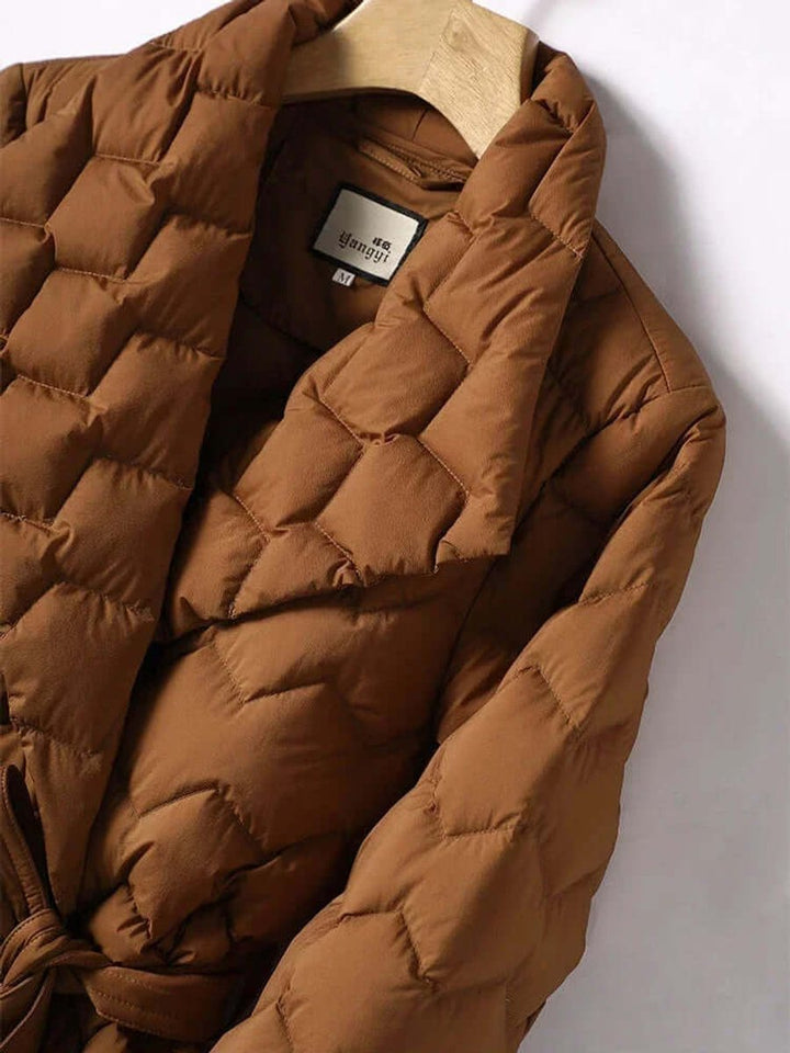 Women's Belted Mid-Length Diamond-Quilted Ladies Puffer Jacket
