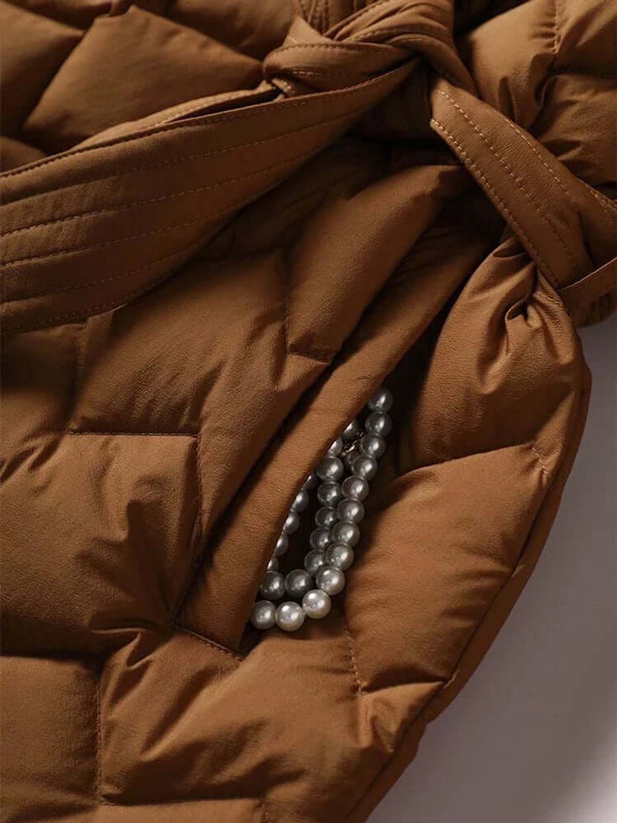Women's Belted Mid-Length Diamond-Quilted Ladies Puffer Jacket