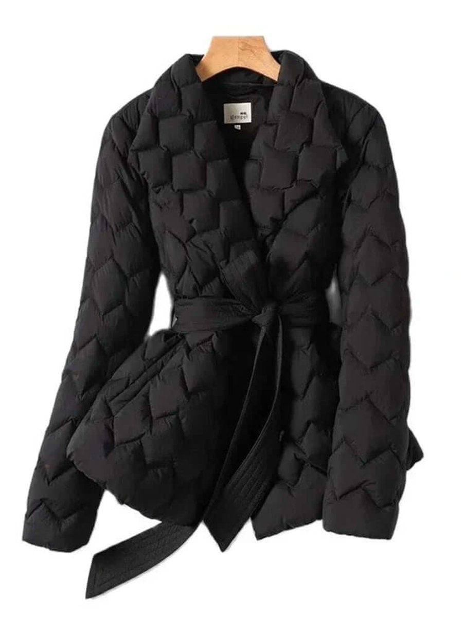 Women's Belted Mid-Length Diamond-Quilted Ladies Puffer Jacket