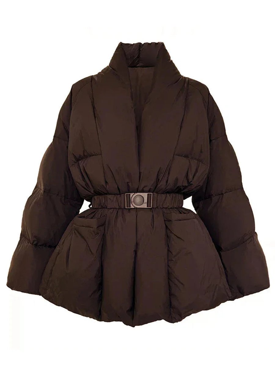 Women's Belted Padded Ladies Puffer Jacket Stand-Up Collar