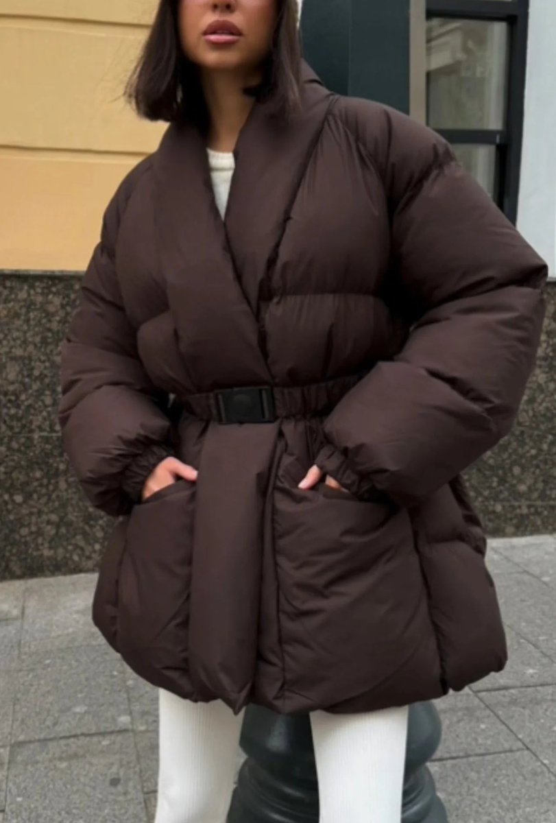 Women's Belted Padded Ladies Puffer Jacket Stand-Up Collar