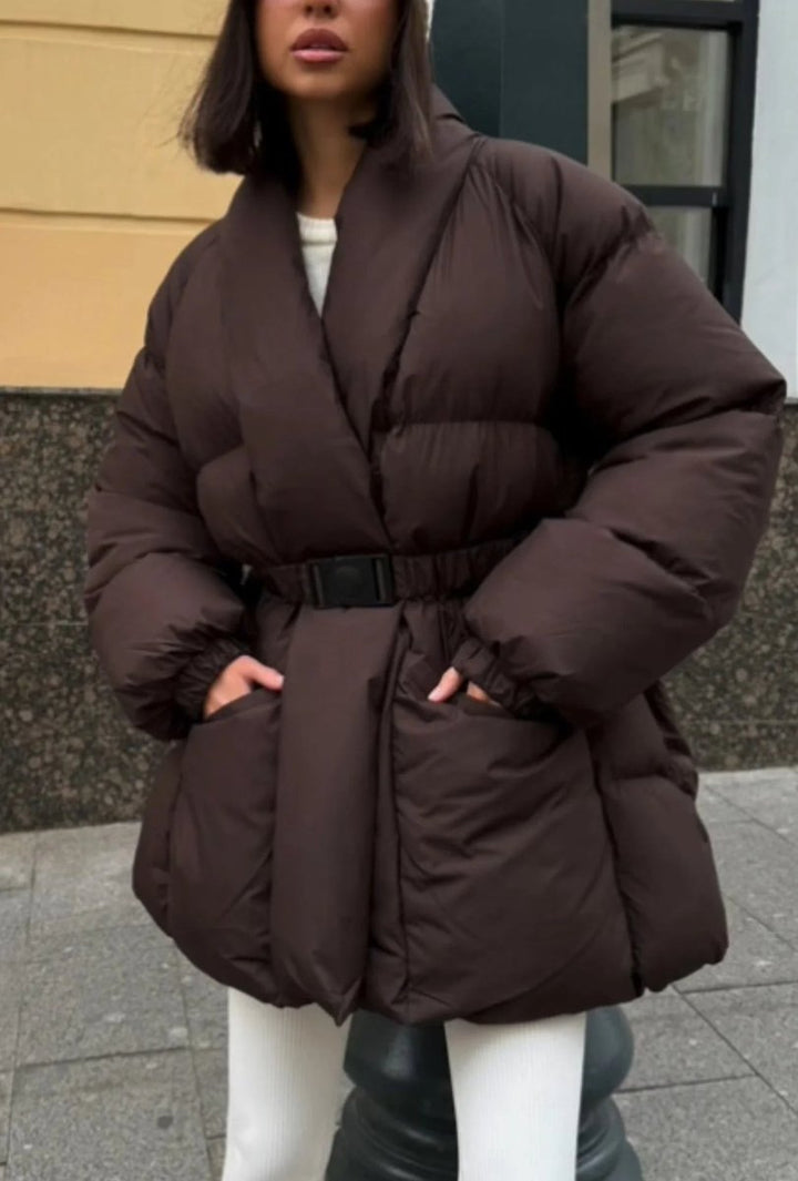 Women's Belted Padded Ladies Puffer Jacket Stand-Up Collar
