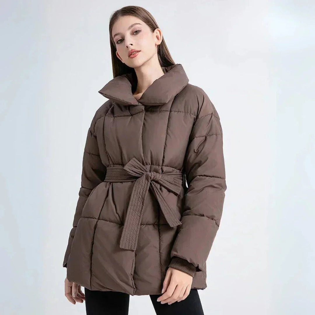 Women's Belted Quilted Ladies Puffer Jacket Stand Collar Coat