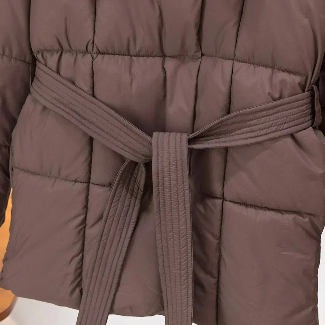 Women's Belted Quilted Ladies Puffer Jacket Stand Collar Coat