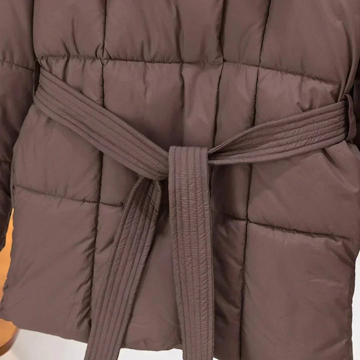 Women's Belted Quilted Ladies Puffer Jacket Stand Collar Coat