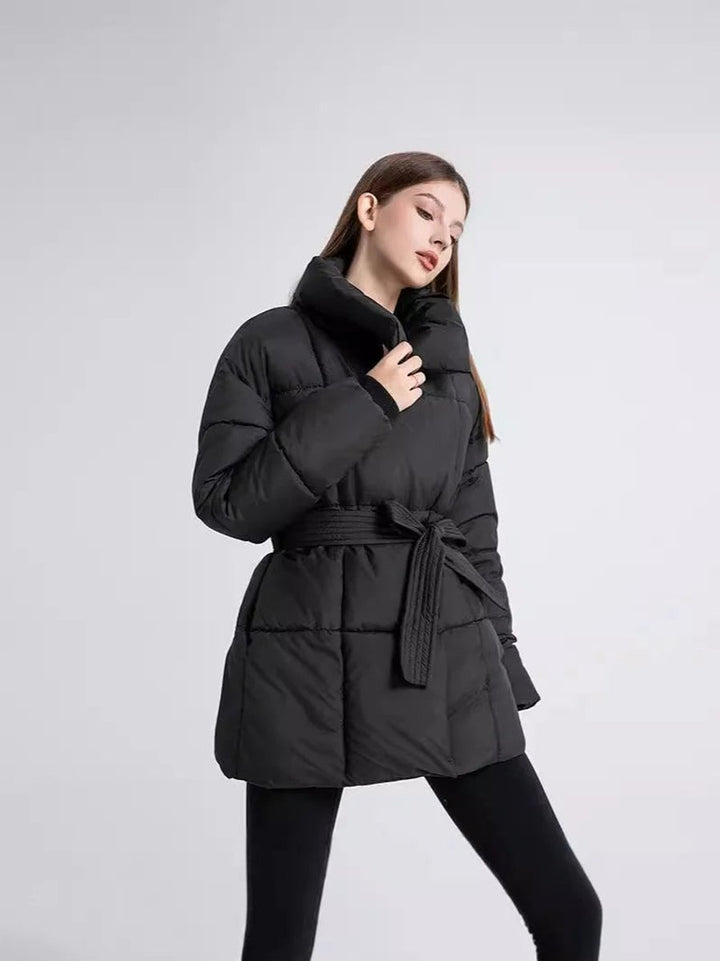 Women's Belted Quilted Ladies Puffer Jacket Stand Collar Coat