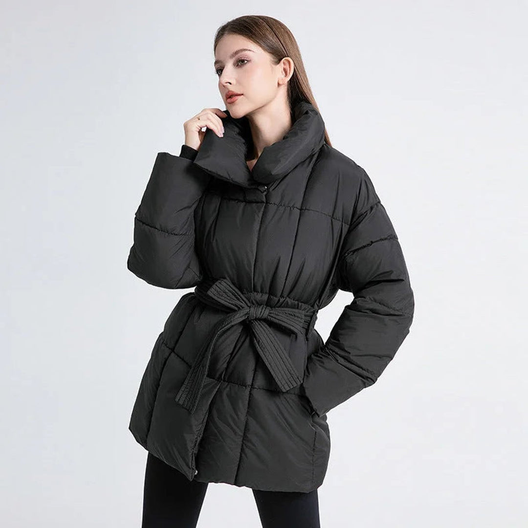 Women's Belted Quilted Ladies Puffer Jacket Stand Collar Coat