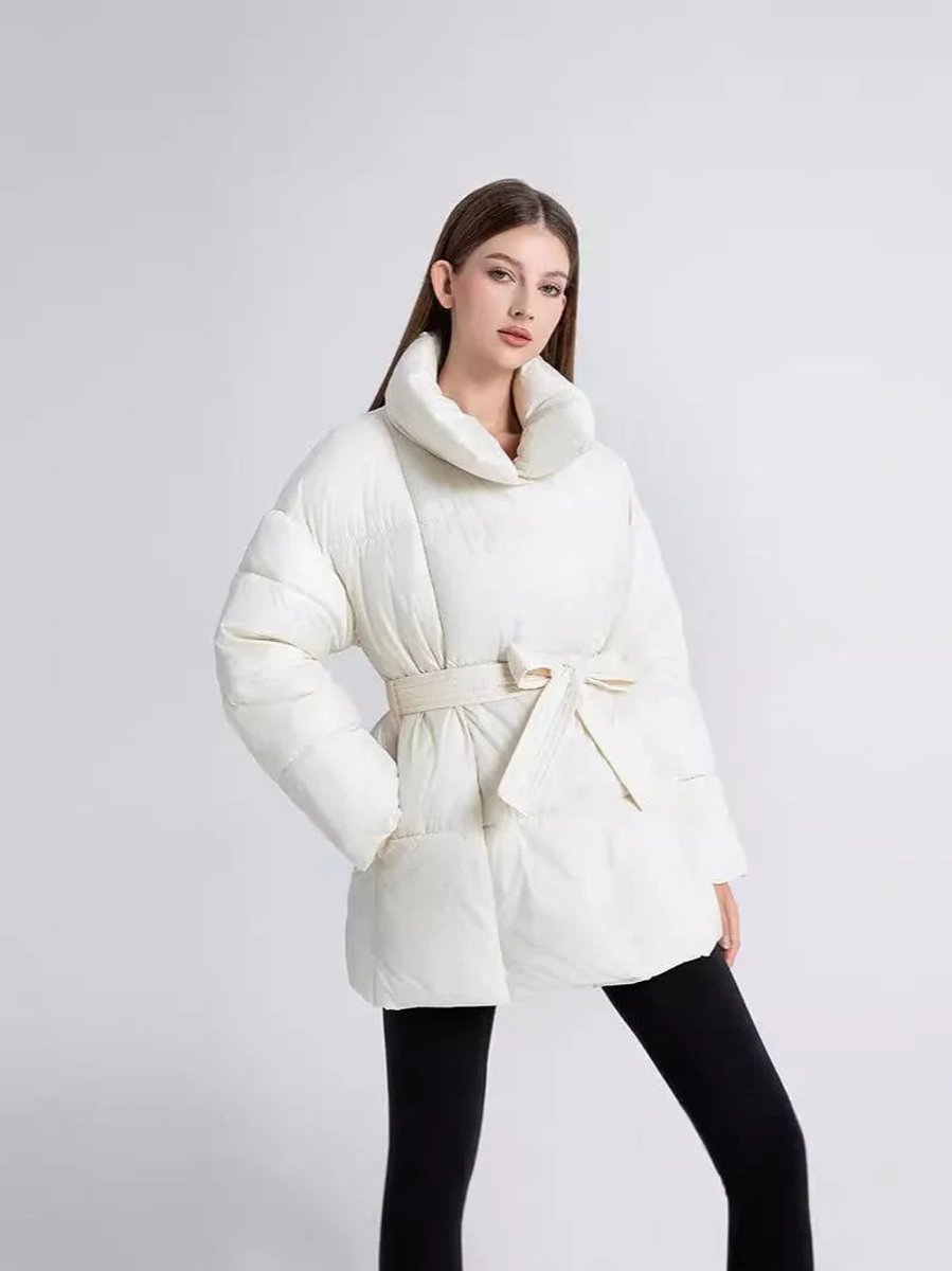 Women's Belted Quilted Ladies Puffer Jacket Stand Collar Coat