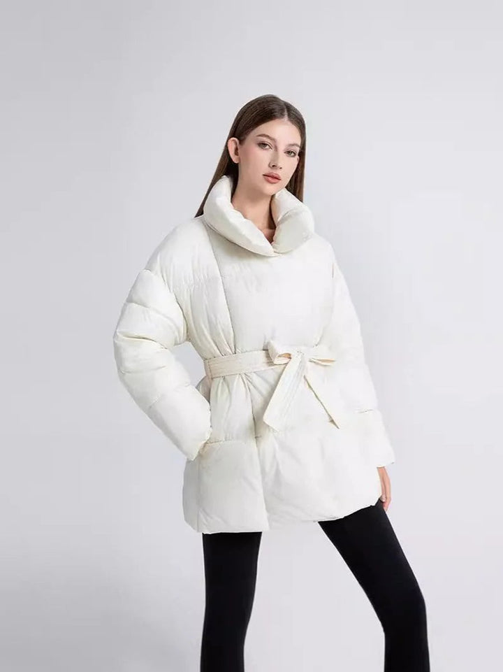 Women's Belted Quilted Ladies Puffer Jacket Stand Collar Coat