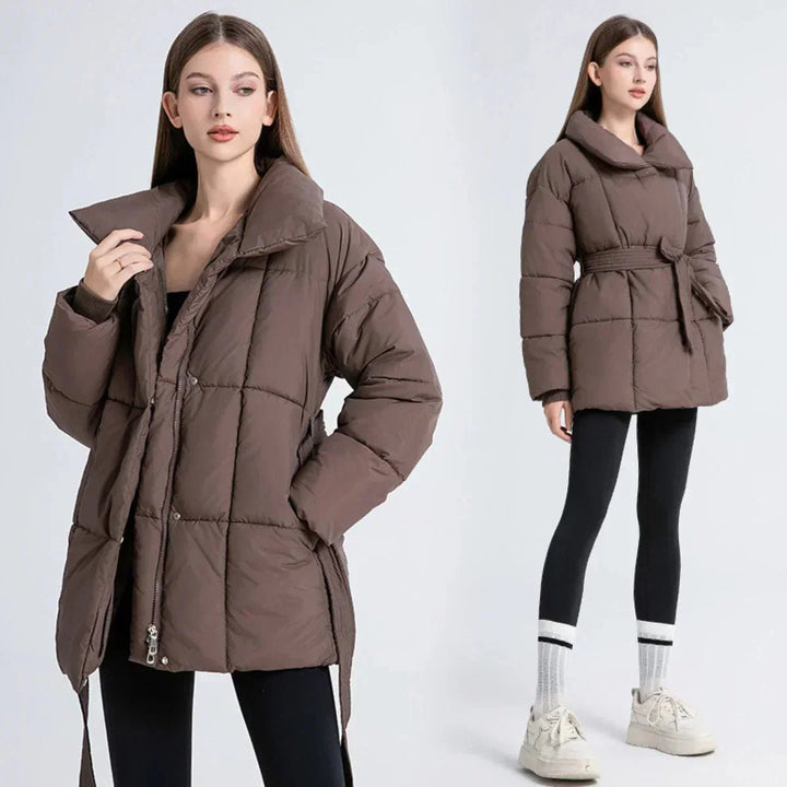 Women's Belted Quilted Ladies Puffer Jacket Stand Collar Coat