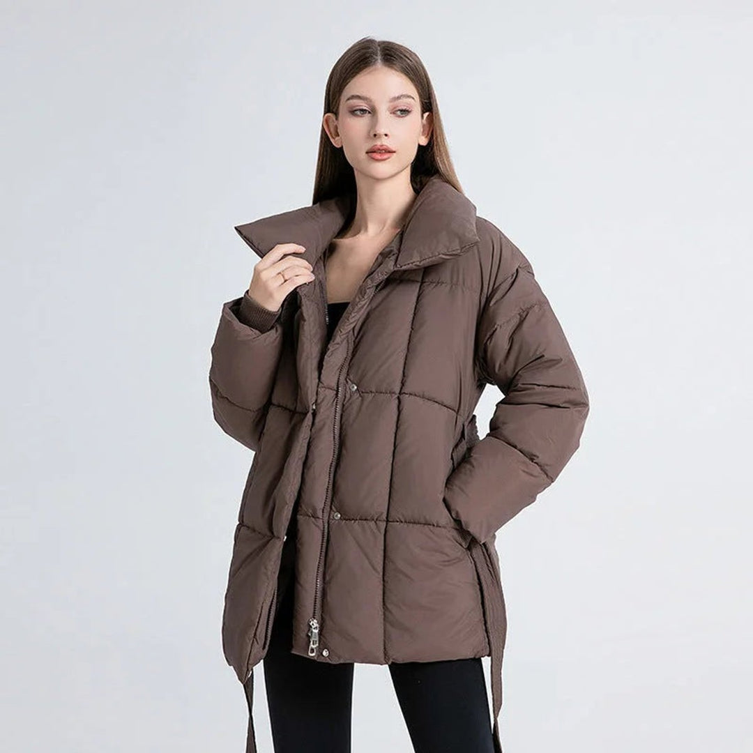 Women's Belted Quilted Ladies Puffer Jacket Stand Collar Coat