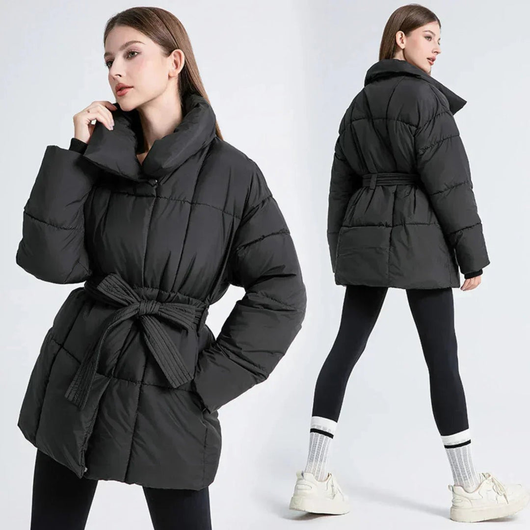 Women's Belted Quilted Ladies Puffer Jacket Stand Collar Coat