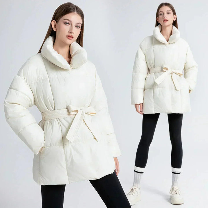 Women's Belted Quilted Ladies Puffer Jacket Stand Collar Coat