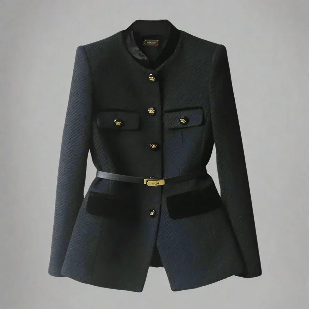 Women's Belted Wool Coat Tailored Velvet-Trim Gold-Button Jacket