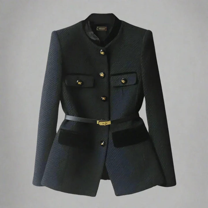 Women's Belted Wool Coat Tailored Velvet-Trim Gold-Button Jacket