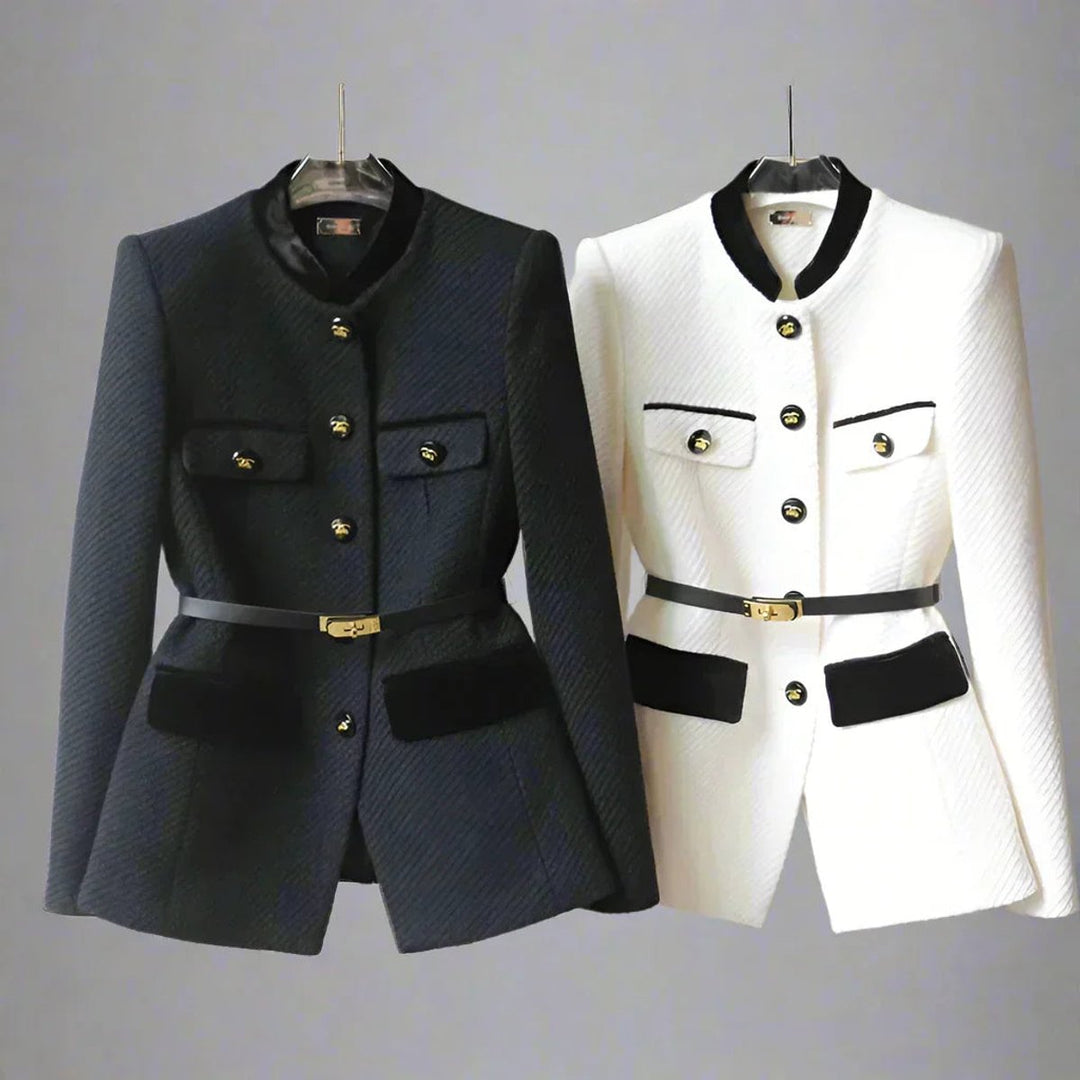 Women's Belted Wool Coat Tailored Velvet-Trim Gold-Button Jacket