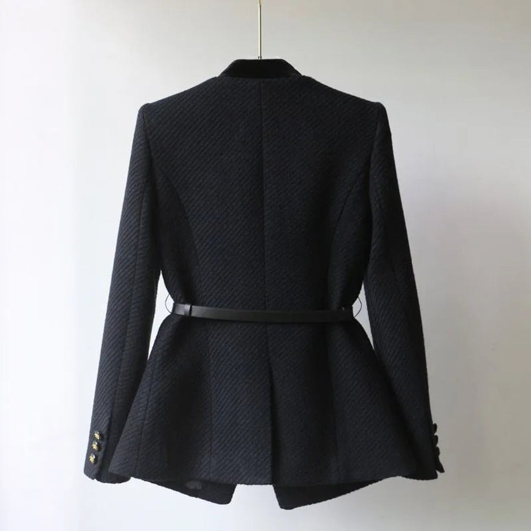 Women's Belted Wool Coat Tailored Velvet-Trim Gold-Button Jacket