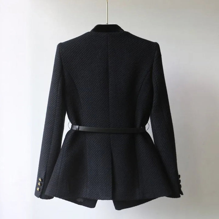 Women's Belted Wool Coat Tailored Velvet-Trim Gold-Button Jacket