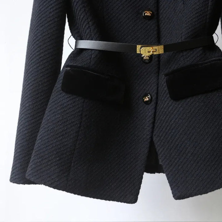 Women's Belted Wool Coat Tailored Velvet-Trim Gold-Button Jacket