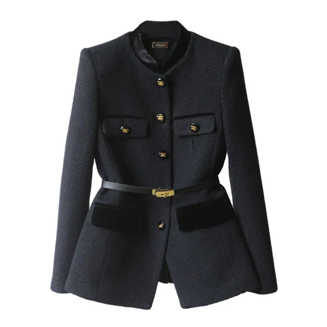 Women's Belted Wool Coat Tailored Velvet-Trim Gold-Button Jacket