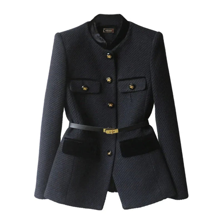 Women's Belted Wool Coat Tailored Velvet-Trim Gold-Button Jacket