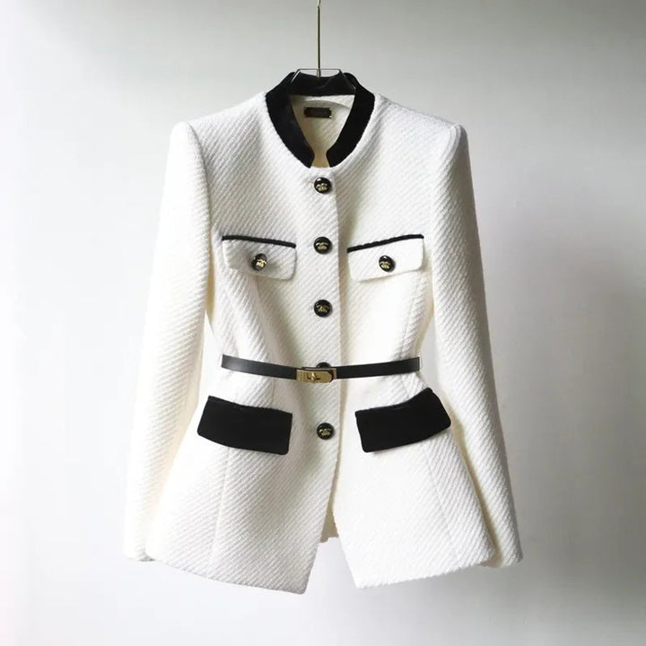 Women's Belted Wool Coat Tailored Velvet-Trim Gold-Button Jacket