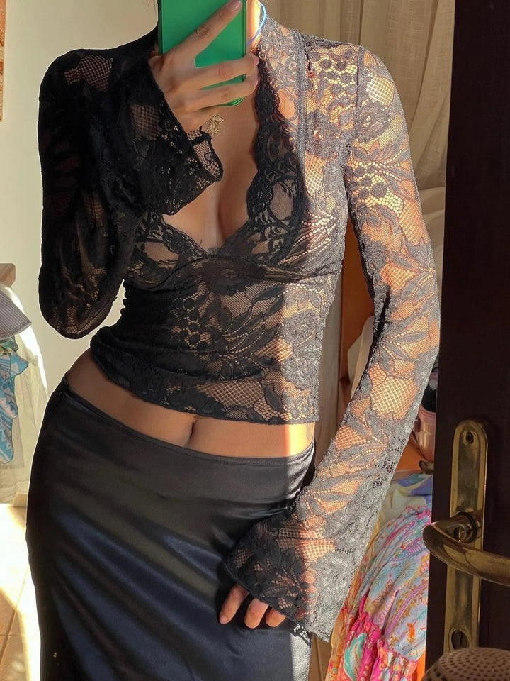 Women's Black Floral Lace Long-Sleeve Crop Blouse