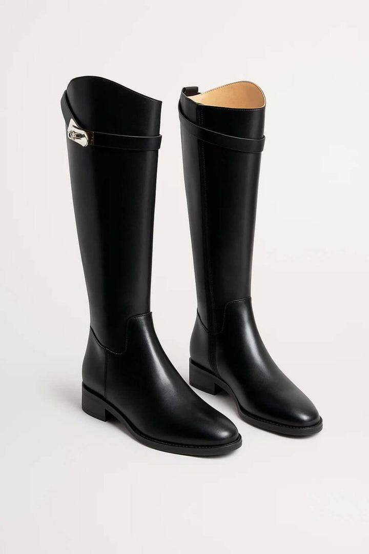 Women's Black Leather Knee-High Riding Boots Buckle Detail